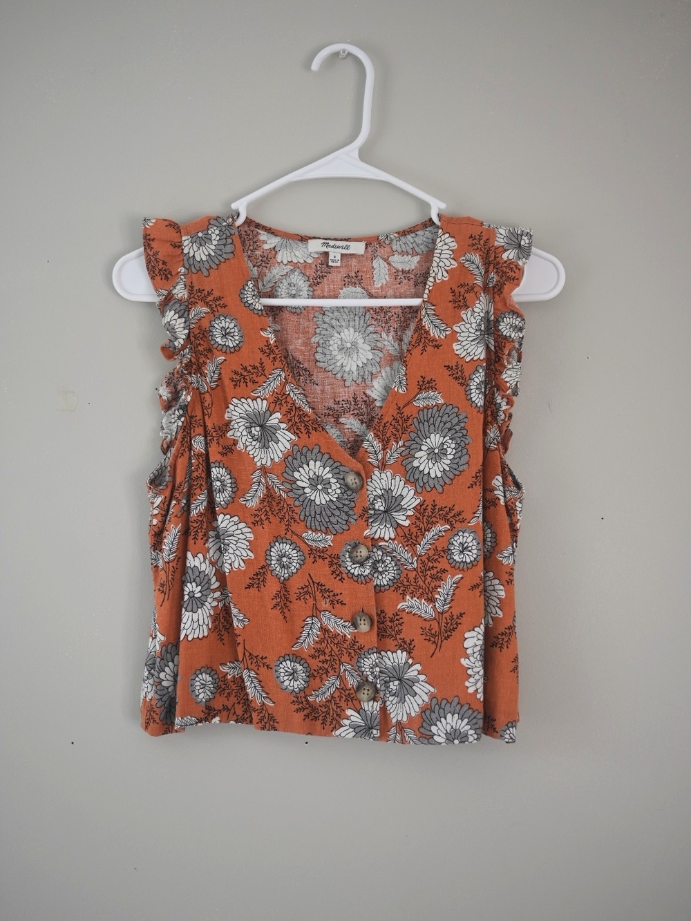 Madewell Rust-Orange Floral Button Front Ruffle Tank